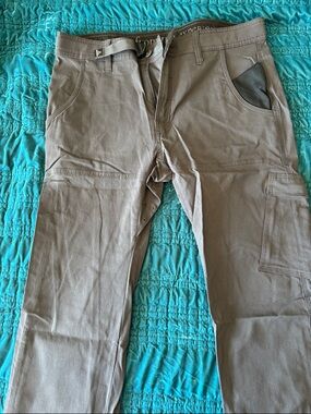 Prana Men's Grey Hiking Pants with Belted Waist and Button